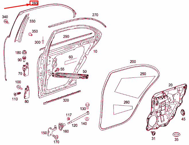 new mb s w221 rear right door window frame top seal a2217310780 original