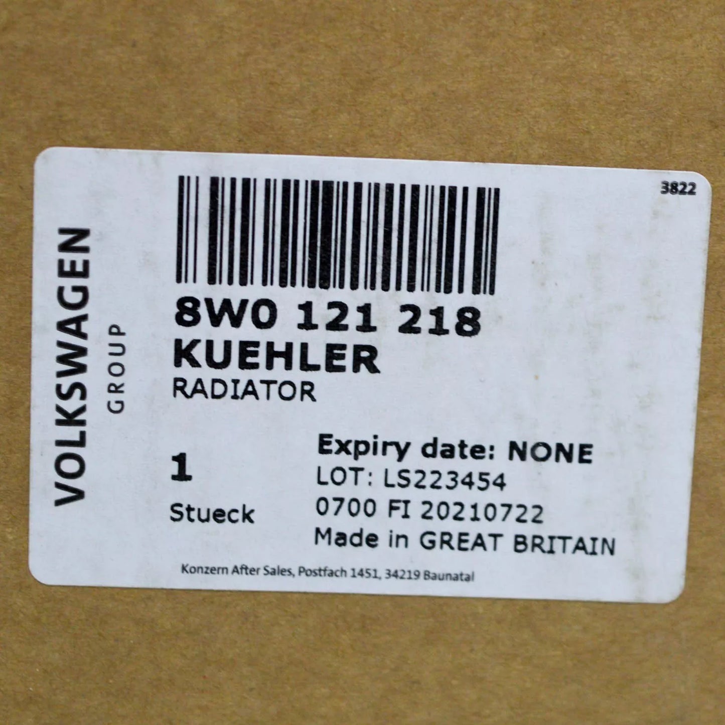 NEW AUDI A4 AVANT B9 ADDITIONAL COOLER FOR COOLANT 8W0121218