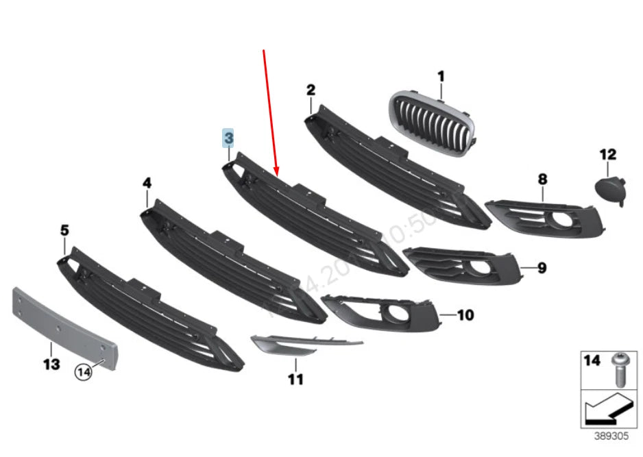 NEW BMW 2 F45 FRONT BUMPER CENTER OPEN GRILLE 51117301567 7301567 2015 ORIGINAL