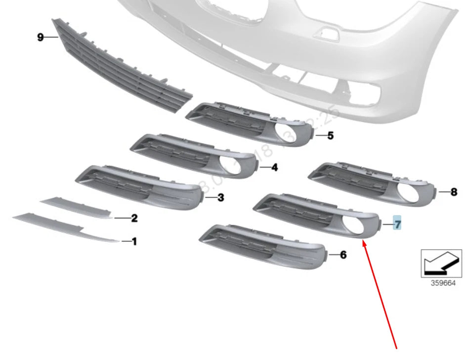 NEW BMW 5 GT F07 RIGHT FOG LIGHT PARTLY CLOSED GRILLE 51117331678 2015 ORIGINAL