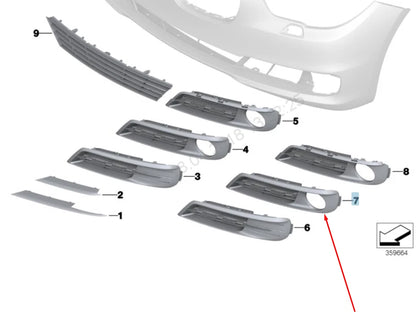NEW BMW 5 GT F07 RIGHT FOG LIGHT PARTLY CLOSED GRILLE 51117331678 2015 ORIGINAL