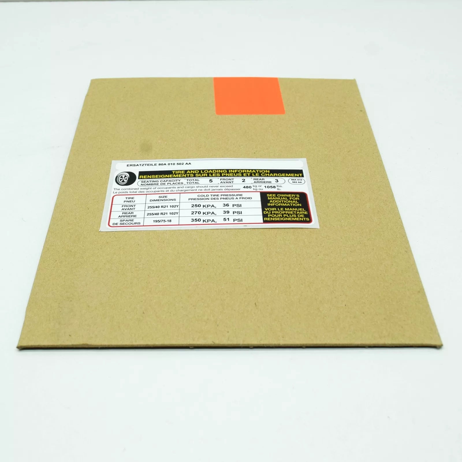 NEW AUDI Q5 FY 80A TYRE PRESSURE DATA PLATE 80A010502AA ORIGINAL
