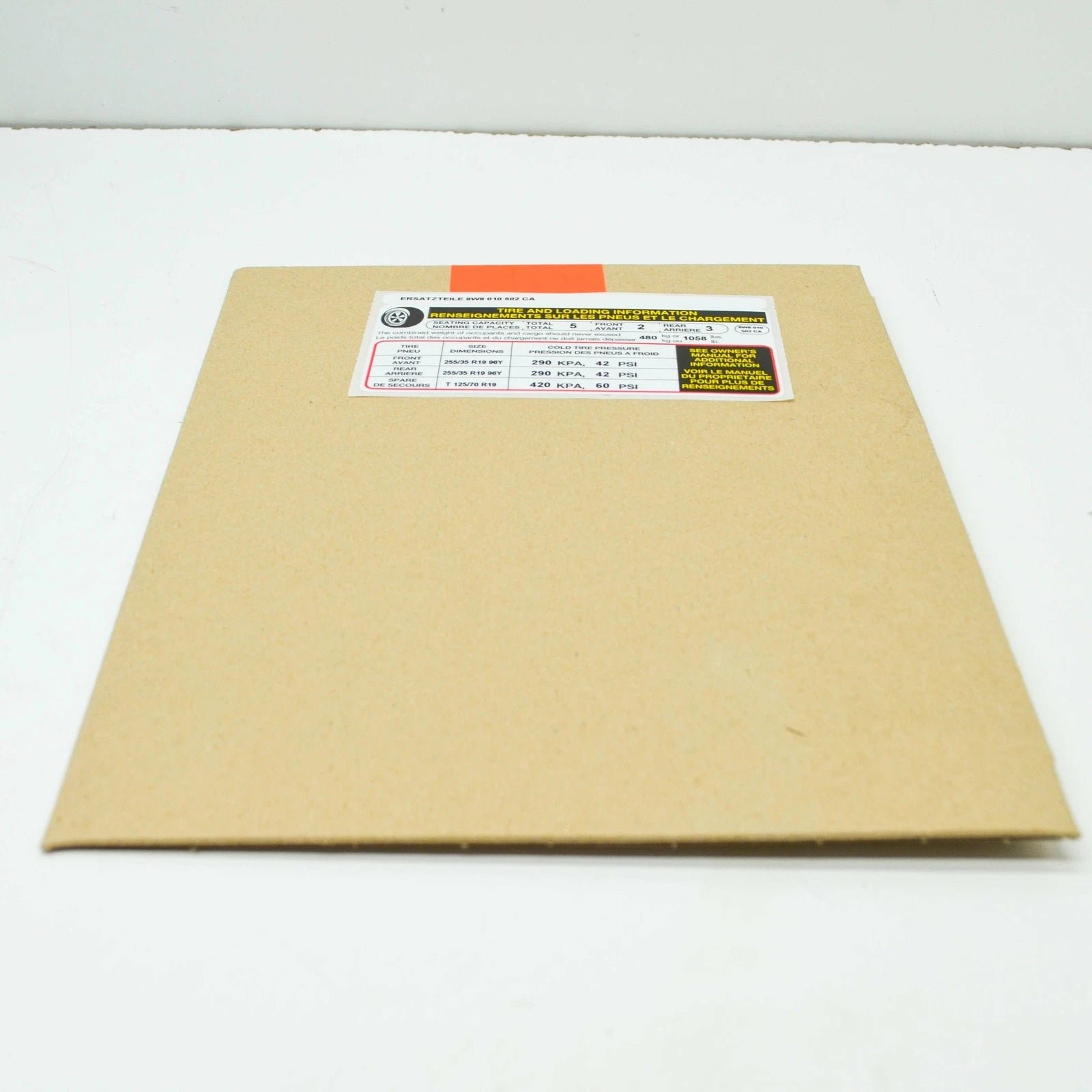 NEW AUDI A5 CABRIO 8W6 TYRE PRESSURE DATA PLATE 8W8010502CA ORIGINAL