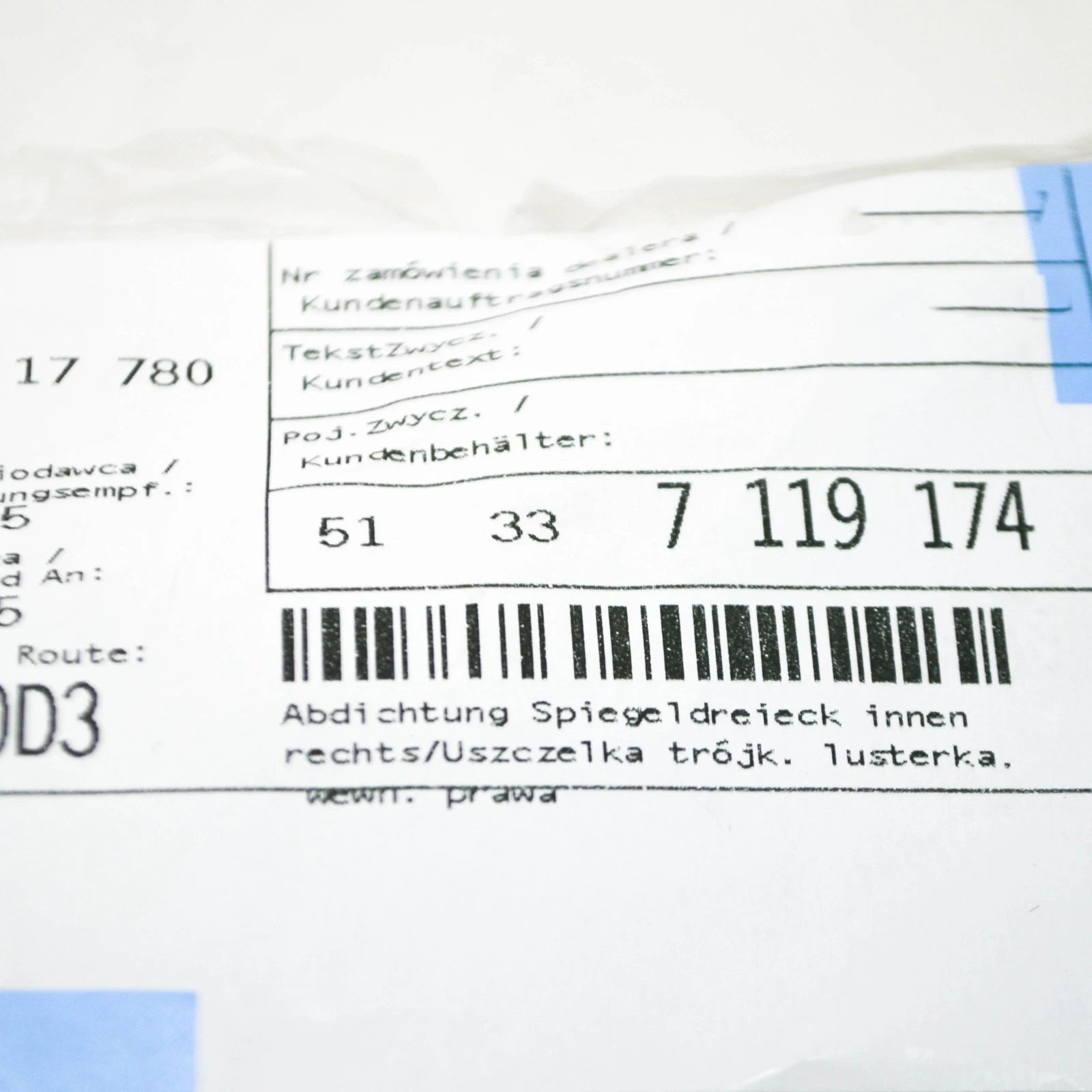 NEW BMW 3 COUPE E92 FRONT RIGHT MIRROR TRIANGLE INNER SEAL 51337119174 ORIGINAL