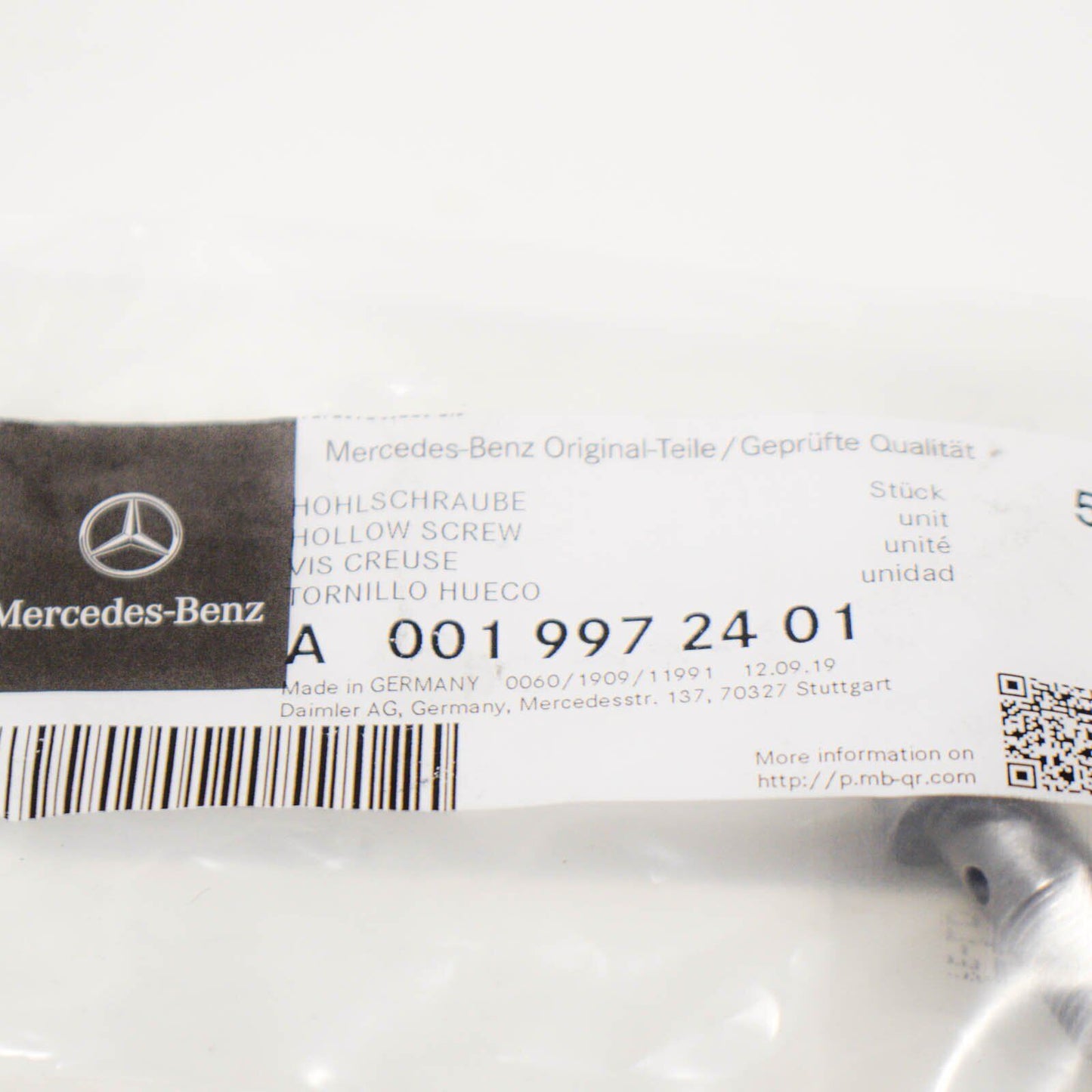 NEW MERCEDES BENZ C W204 TURBOCHARGER HOLLOW SCREW A0019972401 ORIGINAL