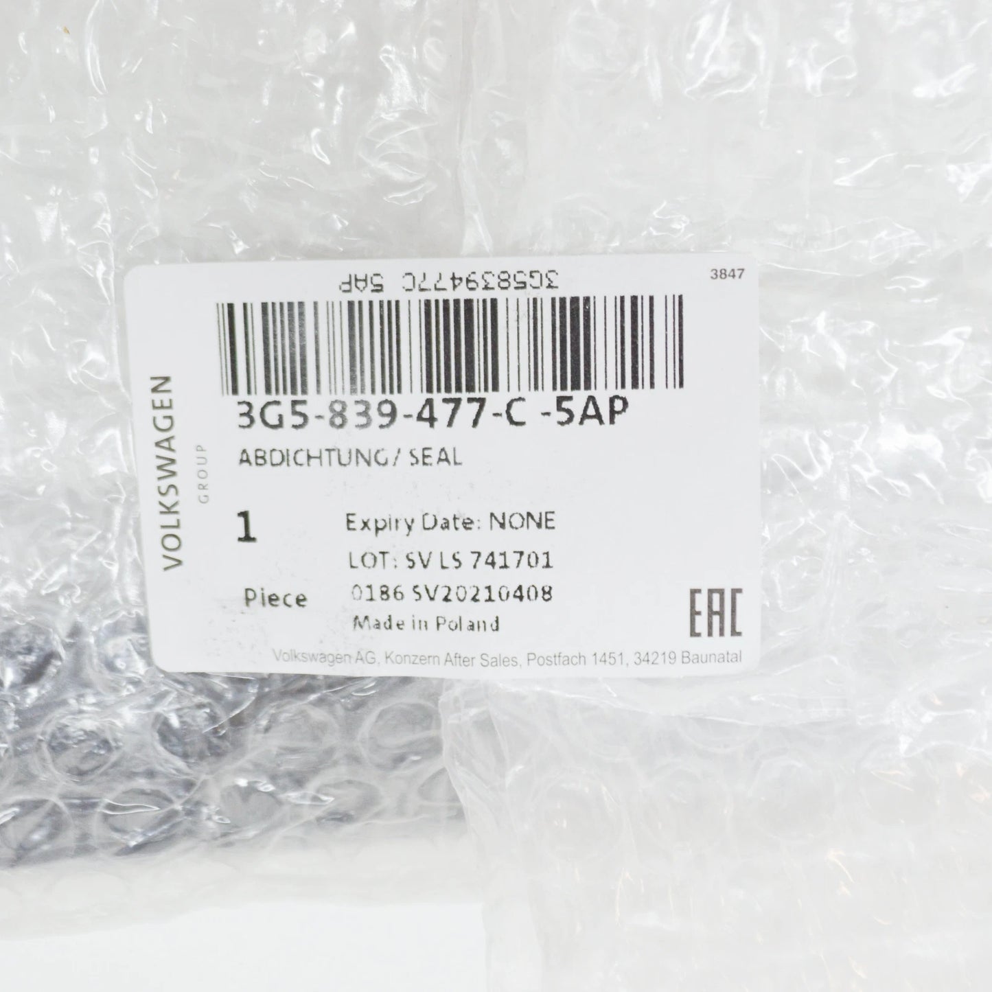 NEW VW PASSAT 3G B8 REAR LEFT OUTER WINDOW APERTURE SEAL 3G5839477C5AP ORIGINAL