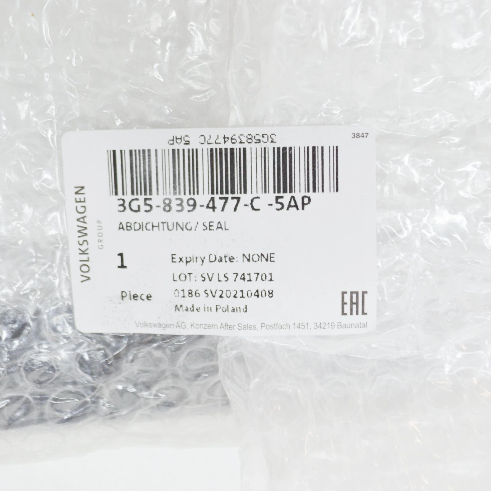 NEW VW PASSAT 3G B8 REAR LEFT OUTER WINDOW APERTURE SEAL 3G5839477C5AP ORIGINAL