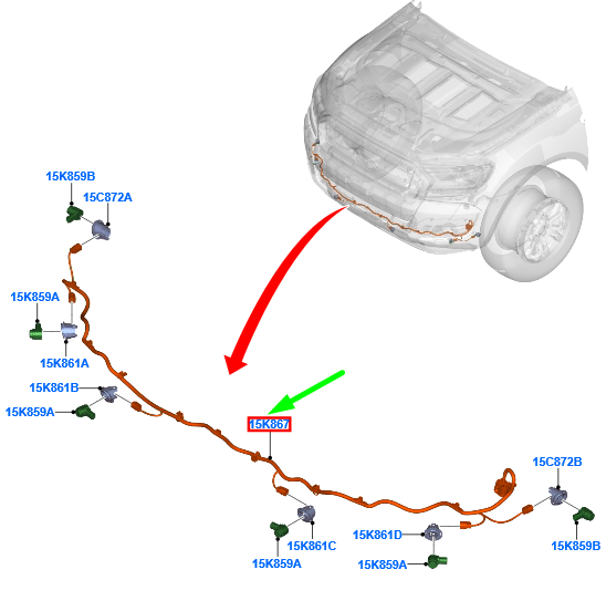 new ford ranger t6 mk1 front parking aid wiring jb3t-15k867-be 2427482 original
