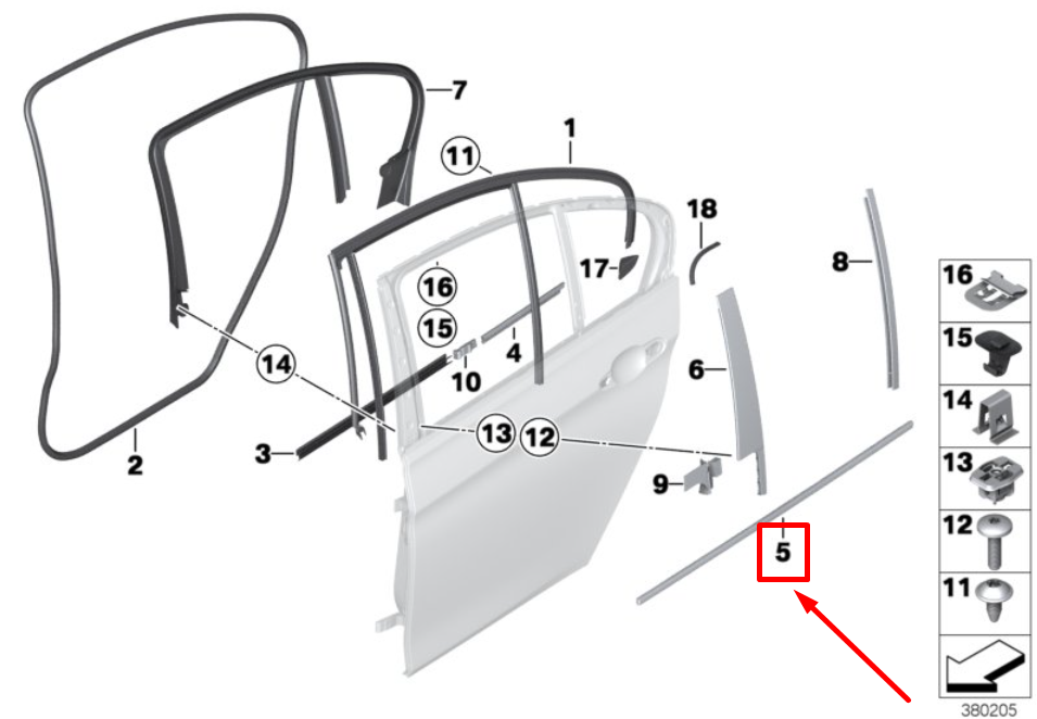 new bmw 3 f30, f80 rear left door outer channel seal 7298921 51357298921