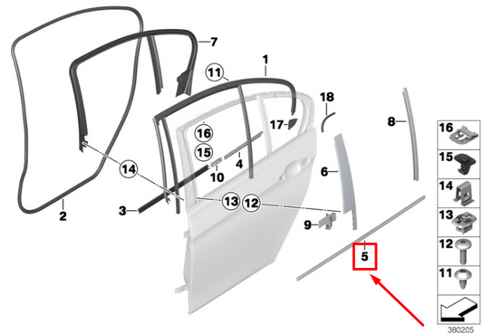 new bmw 3 f30, f80 rear left door outer channel seal 7298921 51357298921