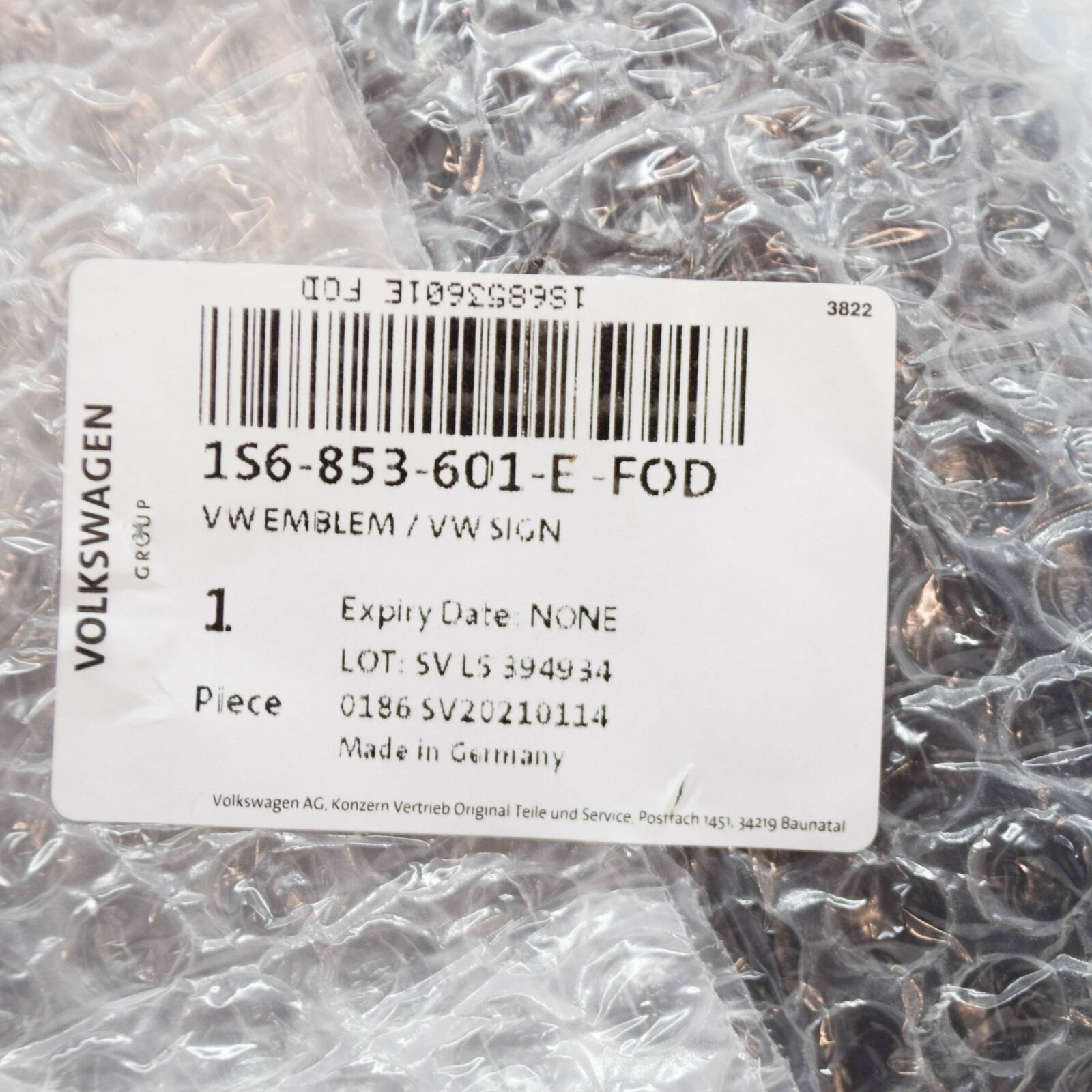 NEW VOLKSWAGEN UP FRONT VW EMBLEM BADGE 1S6853601EFOD ORIGINAL