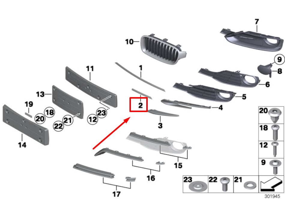 new bmw 3 f30, f80 front left middle trim rod 51117296375 7296375 original