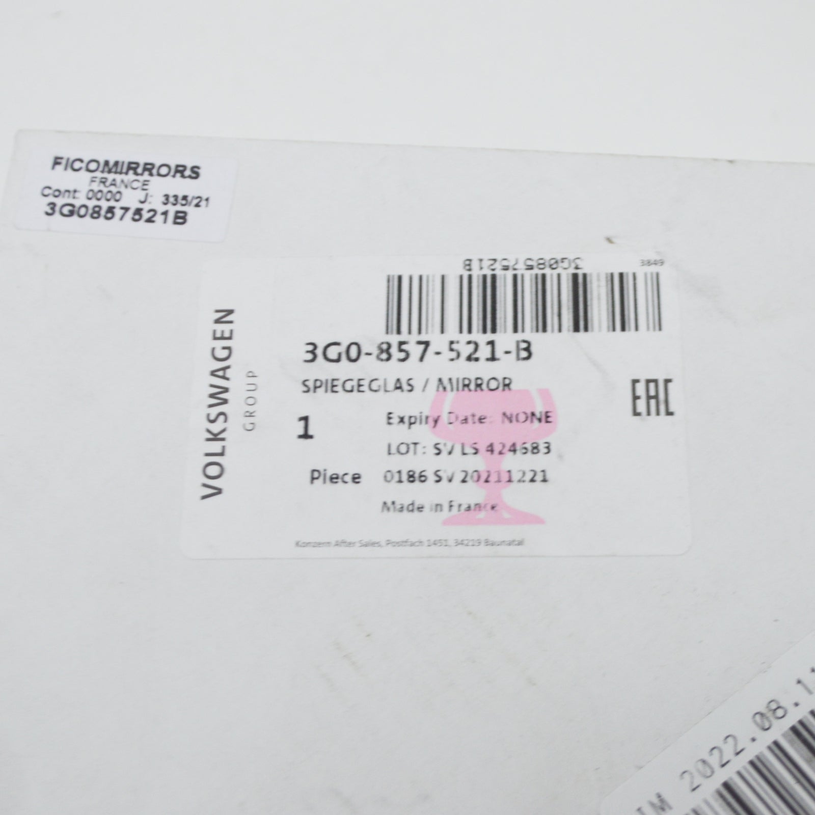 NEW VOLKSWAGEN PASSAT B8 LEFT WING MIRROR GLASS 3G0857521B ORIGINAL