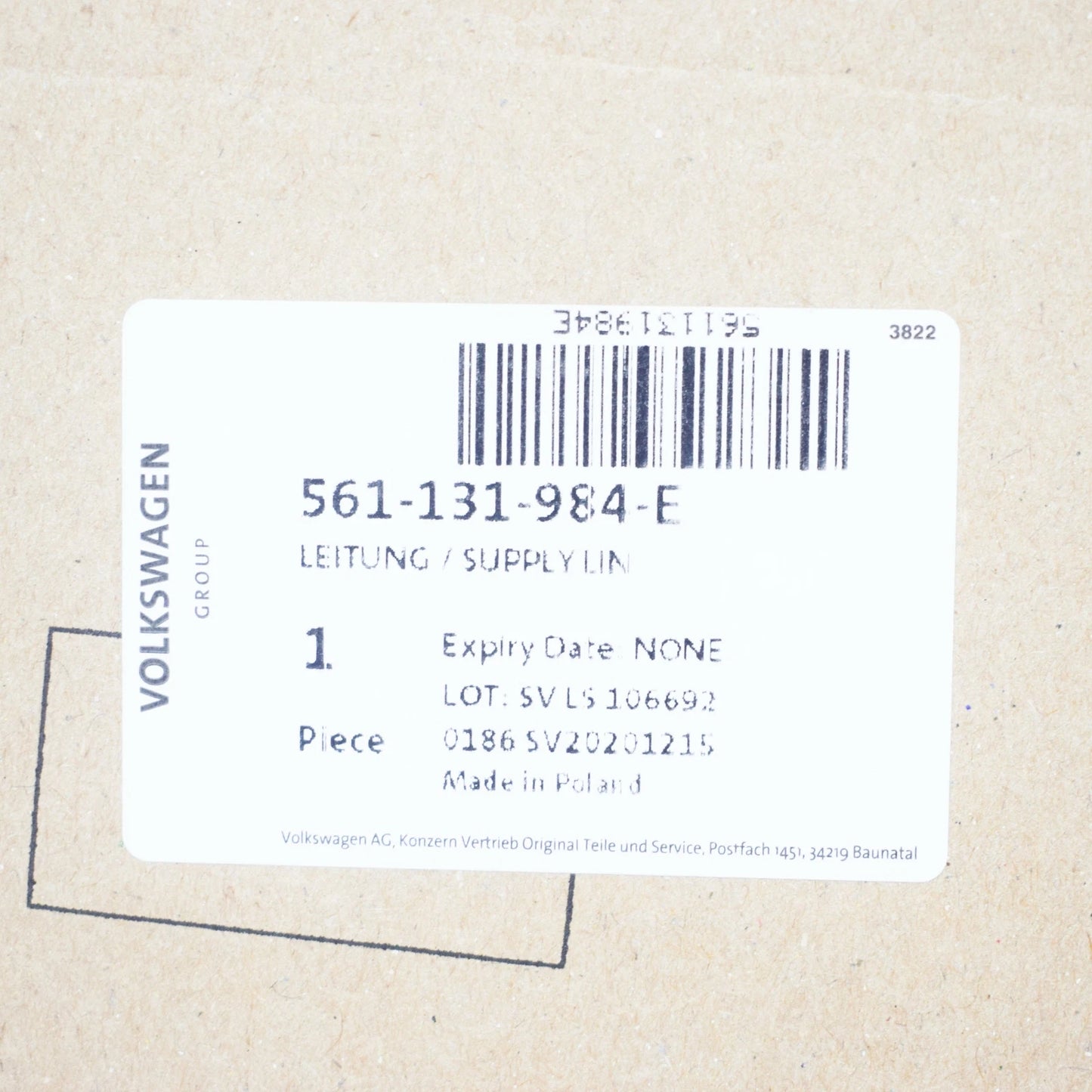 NEW VOLKSWAGEN PASSAT B8 REDUCTION AGENT SUPPLY LINE 561131984E