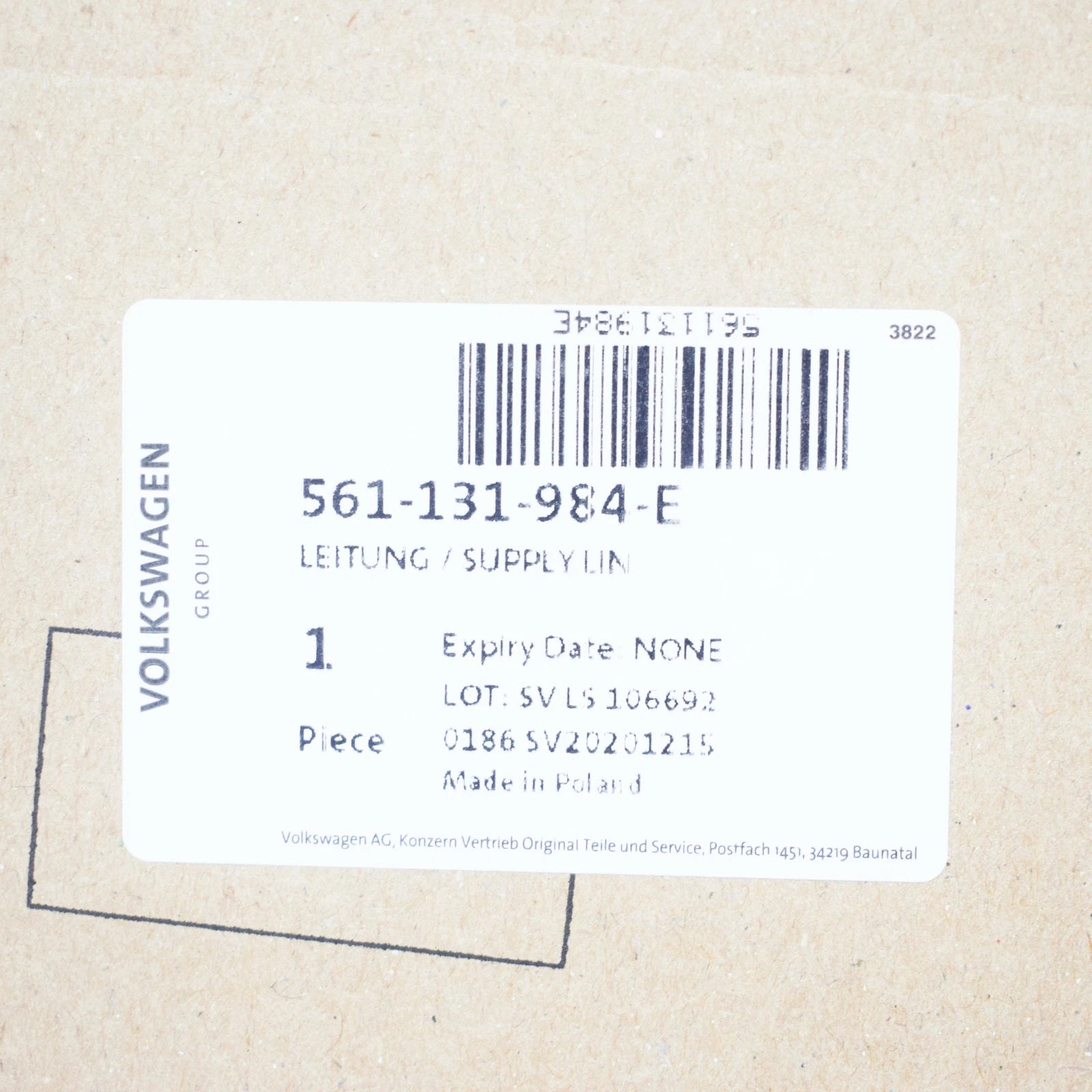 NEW VOLKSWAGEN PASSAT B8 REDUCTION AGENT SUPPLY LINE 561131984E