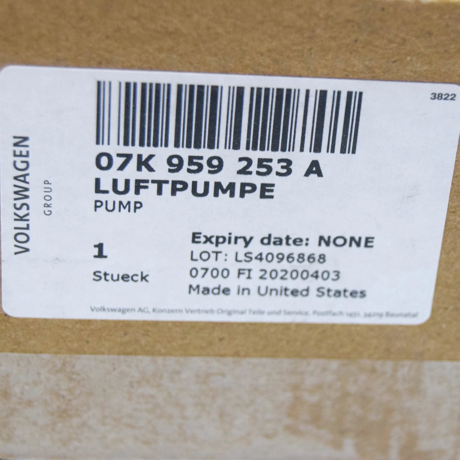 NEW AUDI A3 8P SECONDARY AIR PUMP 07K959253A ORIGINAL