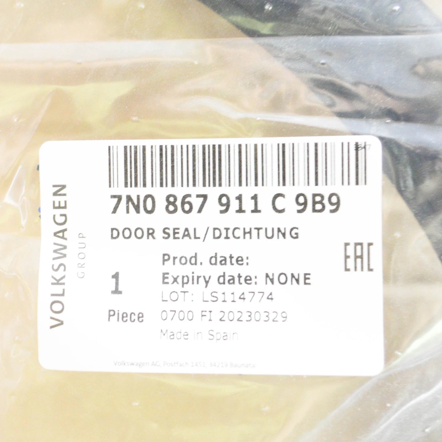 NEW VW SHARAN 7N FRONT LEFT INNER DOOR SEAL RUBBER 7N0867911C9B9 ORIGINAL