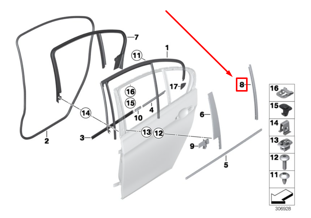 new bmw 3 f30 rear right exterior window guide web 7263382 51357263382 original