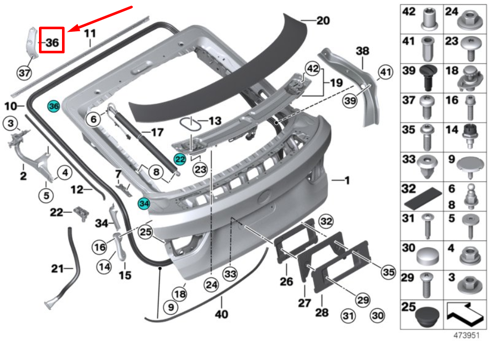 new bmw 4 f36 trunk lid right mount gas pres. spring 7378118 41007378118