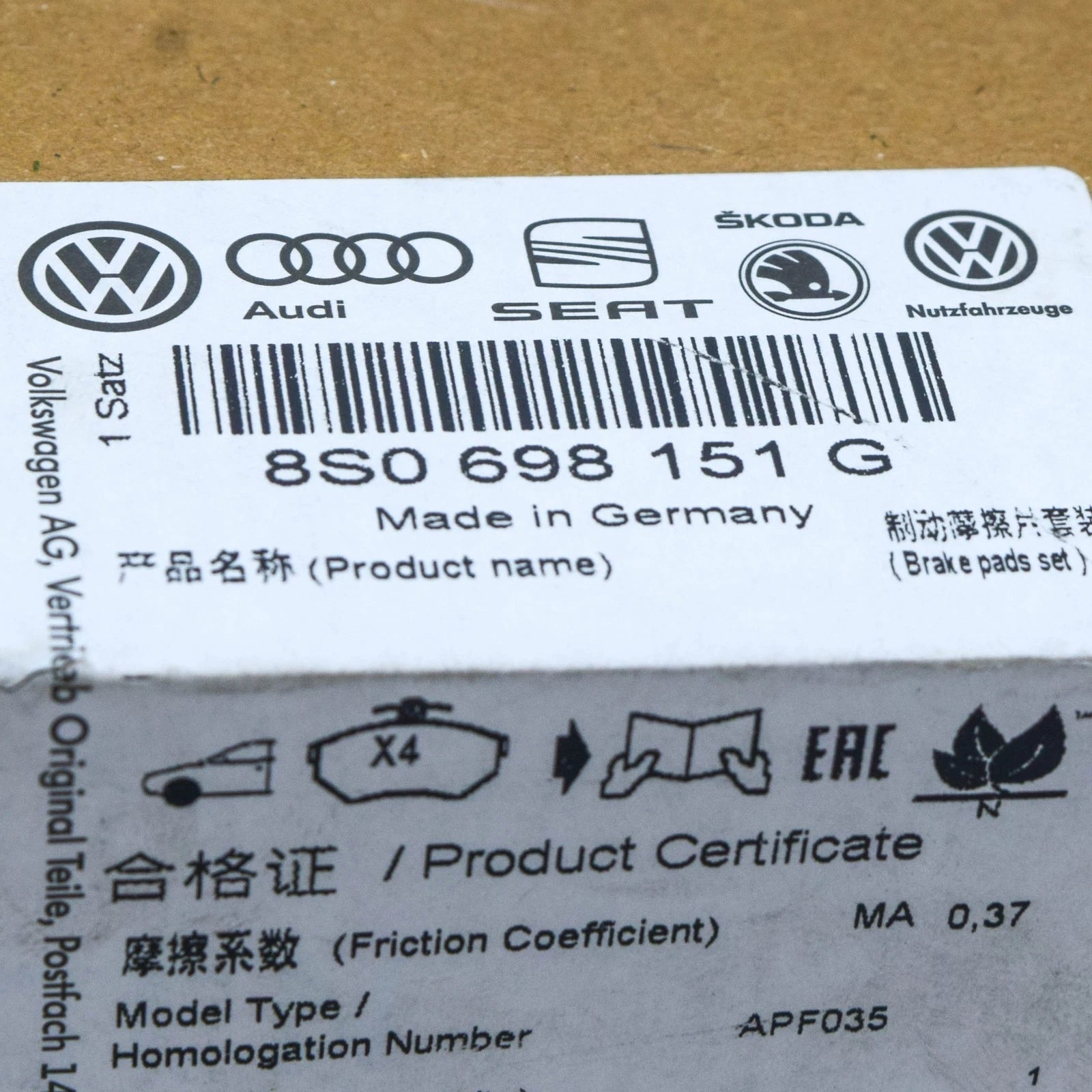 NEW AUDI TT MK3 FV FRONT WHEEL BRAKE PADS SET 8S0698151G ORIGINAL