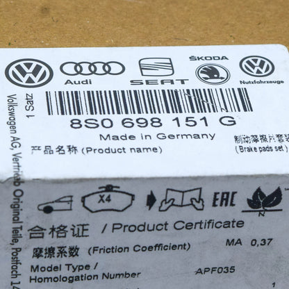 NEW AUDI TT MK3 FV FRONT WHEEL BRAKE PADS SET 8S0698151G ORIGINAL
