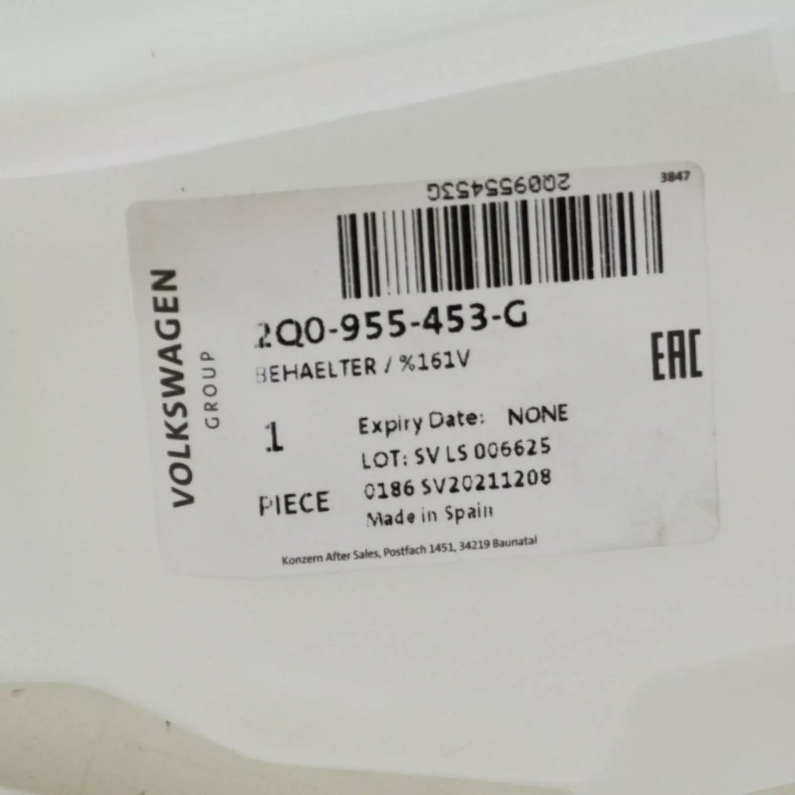 NEW VOLKSWAGEN POLO AW WINDSHIELD WASHER RESERVOIR TANK 2Q0955453G ORIGINAL