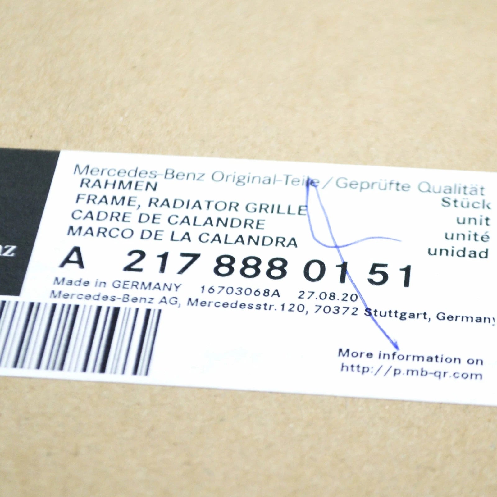 NEW MB S COUPE C217 FRONT BUMPER RADIATOR GRILLE FRAME A2178880151 ORIGINAL