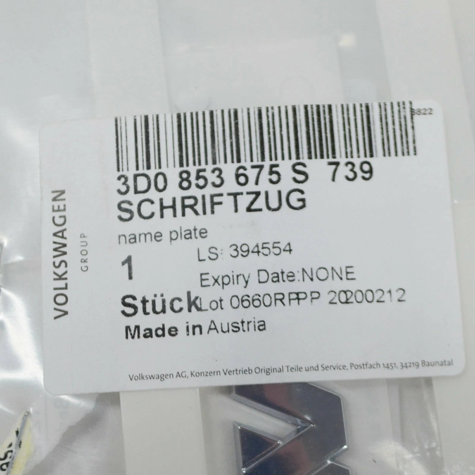 NEW VOLKSWAGEN PHAETON 3D CHROME W12 INSCRIPTION 3D0853675S739