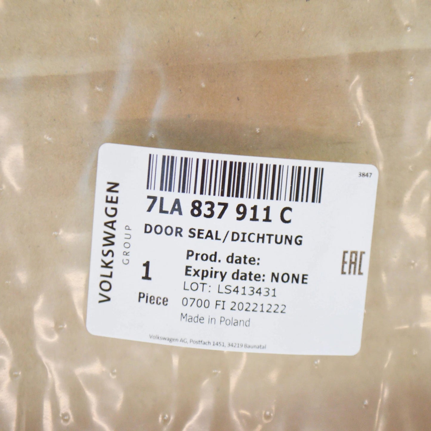 NEW VW TRANSPORTER T6 FRONT LEFT DOOR OUTER SEAL RUBBER 7LA837911C