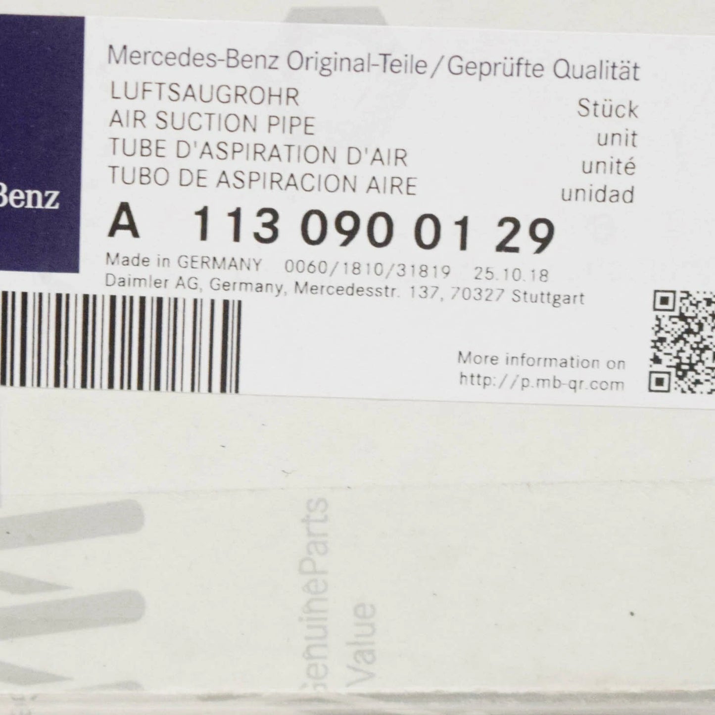 NEW MERCEDES BENZ E W211 AMG AIR SUCTION PIPE A1130900129