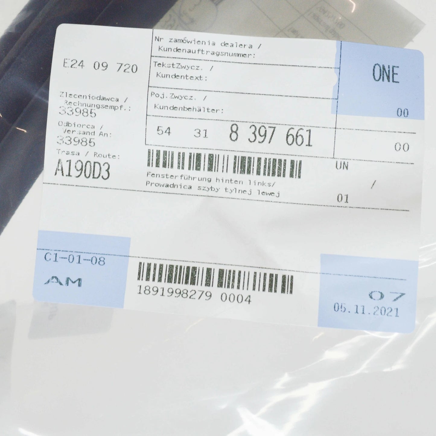 NEW BMW Z3 COUPE E36 REAR LEFT WINDOW GUIDE 54318397661 8397661 ORIGINAL