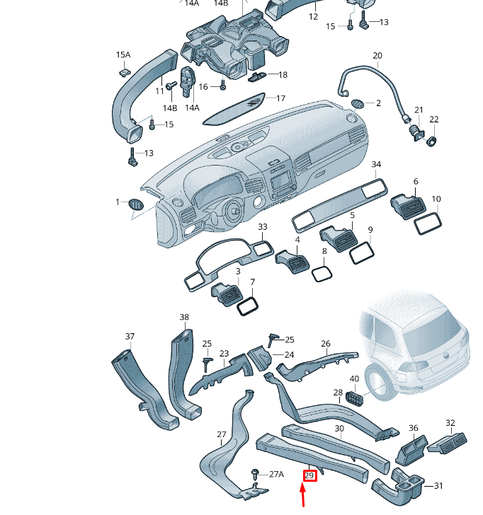 new vw touareg 7p center left pass. cabin heater air channel 7p0819801 original