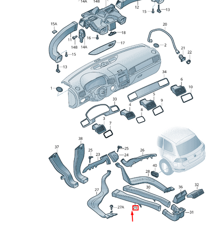 new vw touareg 7p center left pass. cabin heater air channel 7p0819801 original
