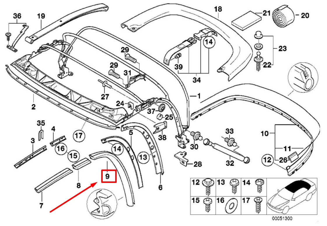 NEW BMW Z3 COUPE E36 REAR LEFT WINDOW GUIDE 54318397661 8397661 ORIGINAL