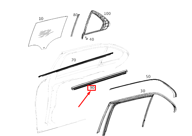 new mercedes-benz gle w167 rear left door window inner strip a1677353901