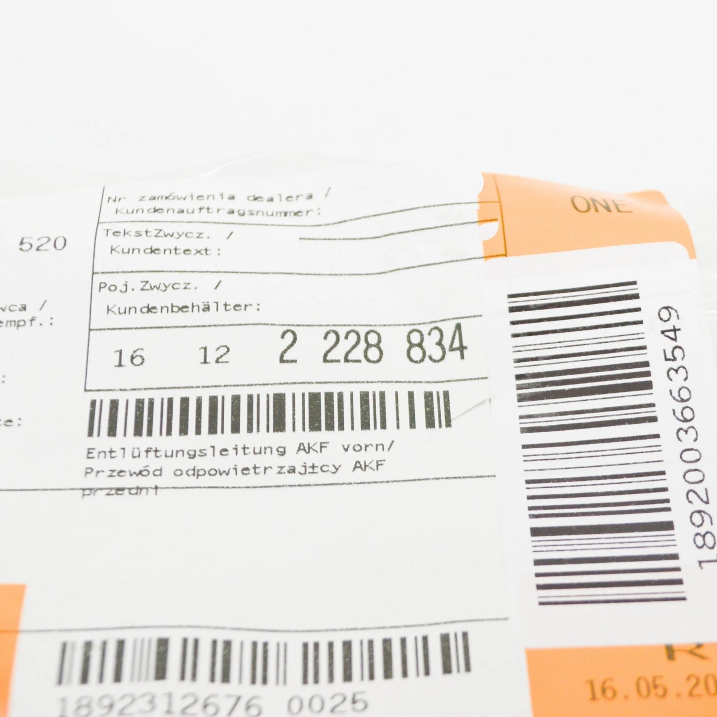 NEW BMW 5 E39 ACTIVATED VENTILATION PIPE 16122228834 2228834 ORIGINAL