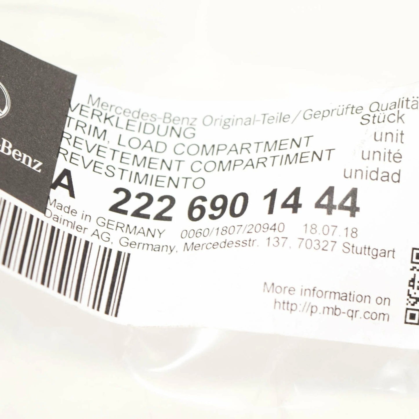 NEW MERCEDES-BENZ S-CLASS W222 REAR RIGHT TRUNK UPPER TRIM A2226901444 ORIGINAL