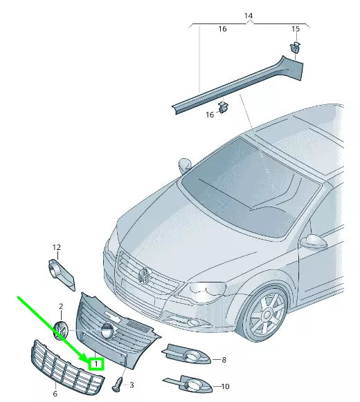 NEW VOLKSWAGEN EOS FRONT RADIATOR GRILLE 1Q0853641GS0W ORIGINAL