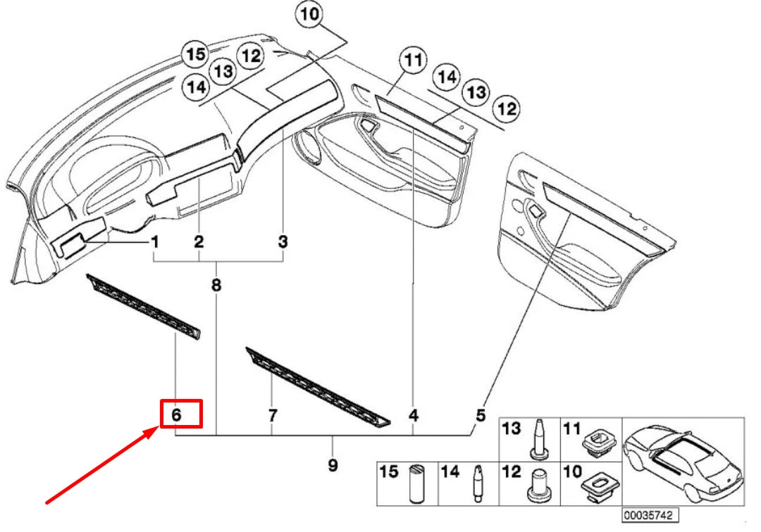 NEW BMW 3 E46 FRONT LEFT ALUMINUM DECOR STRIP 7047155 51457047155 ORIGINAL