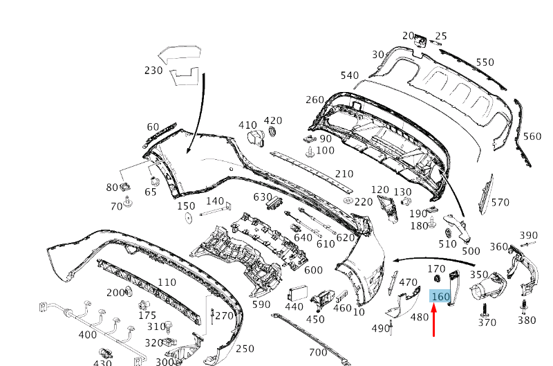 new mb gla x156 rear bumper to rear-end center right bracket a1568850814