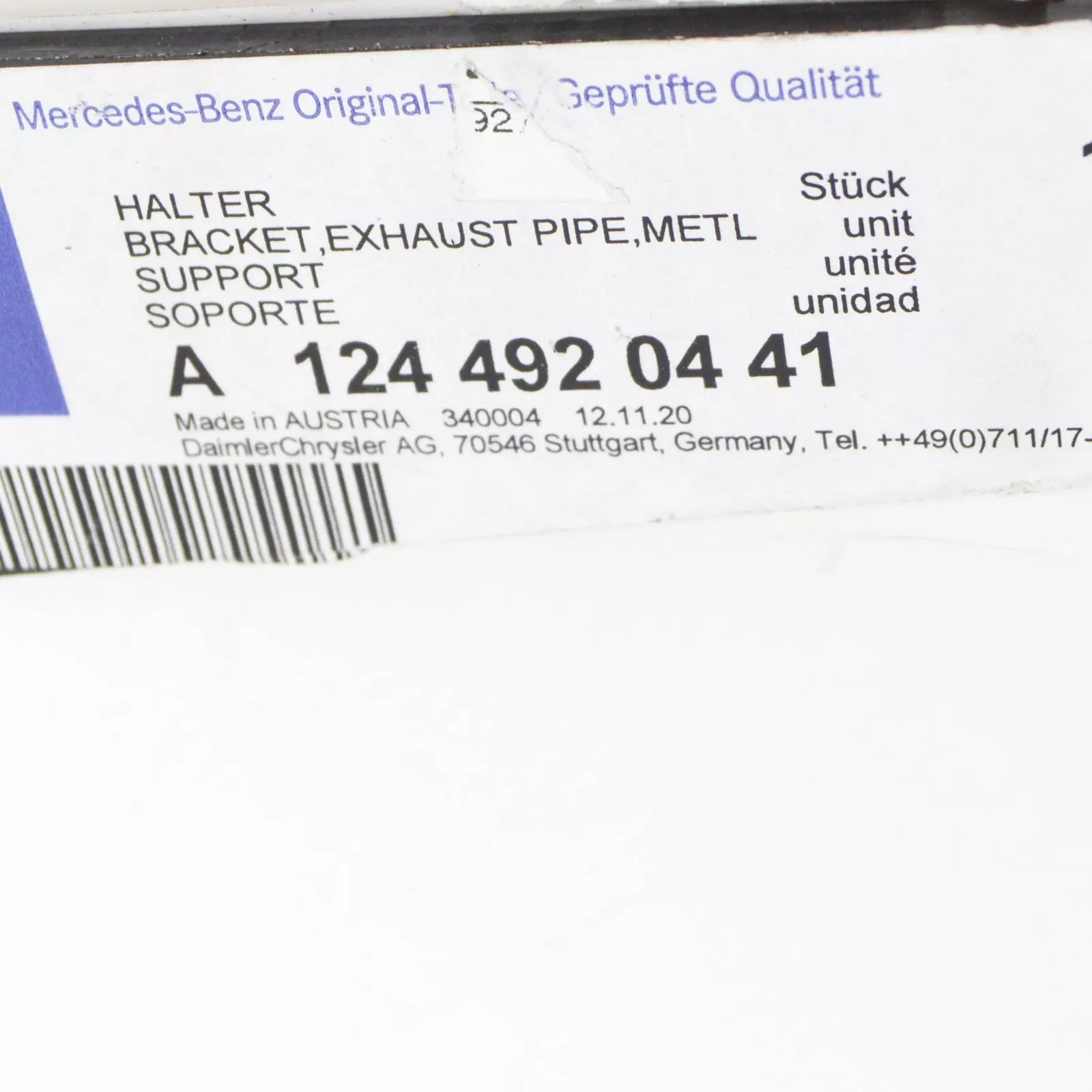 NEW MB E W124 FRONT EXHAUST PIPE TO TRANSMISSION BRACKET A1244920441 ORIGINAL