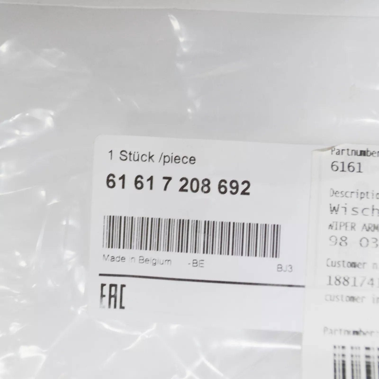 NEW BMW 7 E65 E66 E67 RIGHT WINDSHIELD WIPER ARM RHD 61617208692 7208692