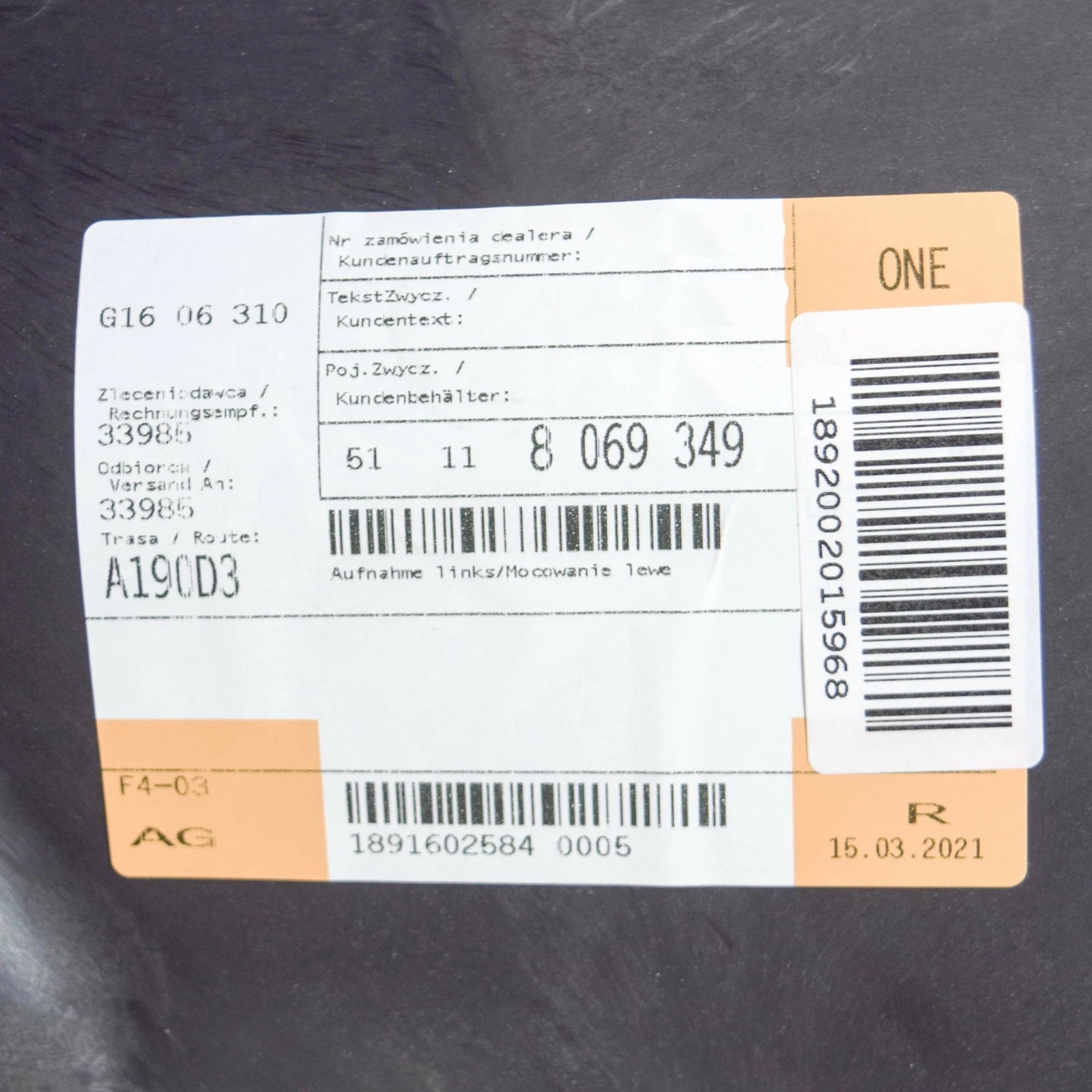 NEW BMW 3 G20 FRONT LEFT BUMPER BRACKET 51118069349 8069349 2019 ORIGINAL