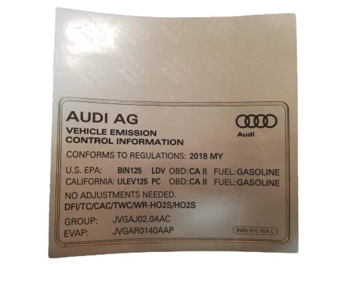 NEW AUDI A4 B9 EMISSION VALUES DATE PLATE 8W0010504L ORIGINAL