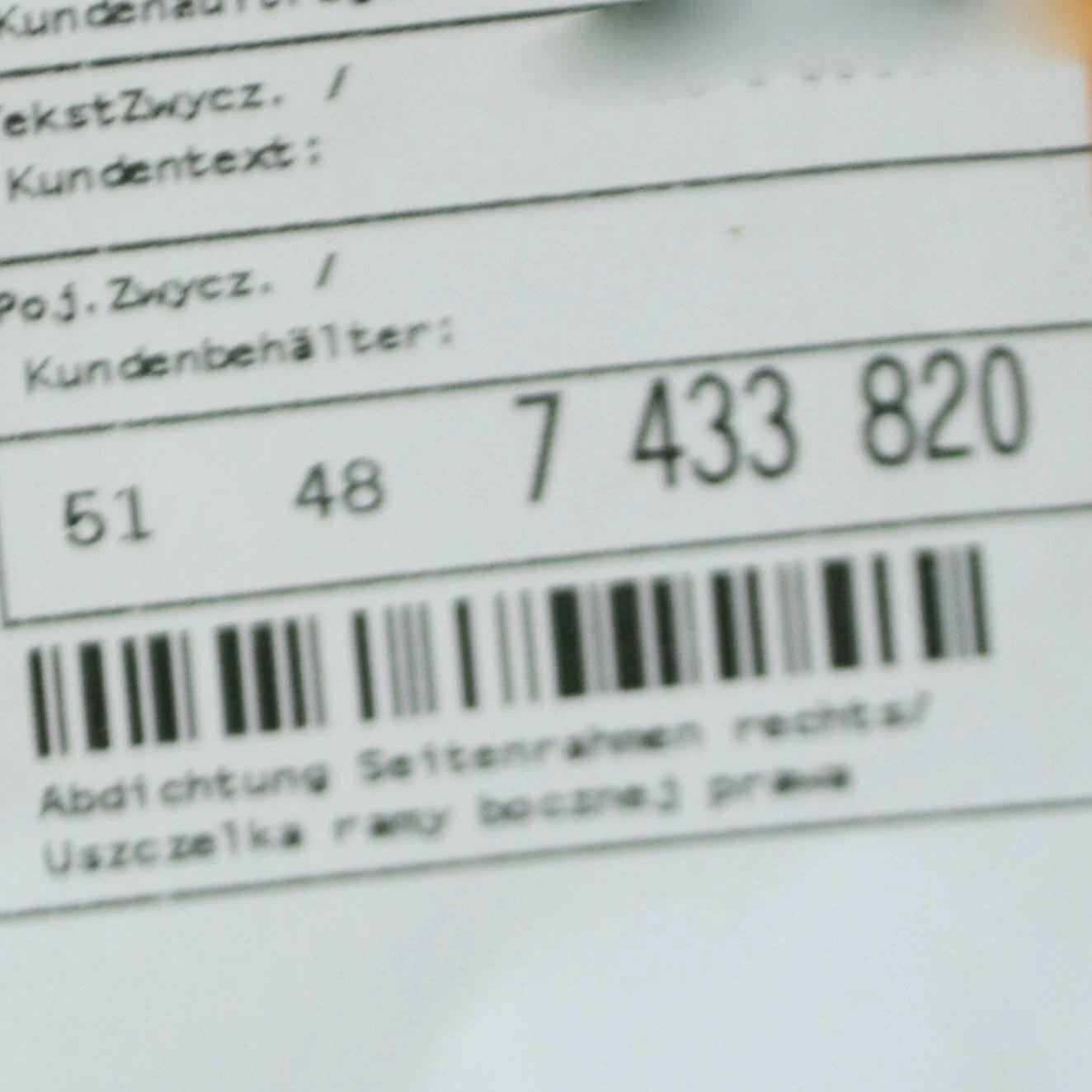 NEW BMW 3 G20 G21 FRONT RIGHT SIDE FRAME SEAL 51487433820