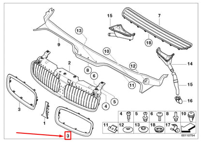 NEW BMW 7 E65, E66, E67 FRONT LEFT GRILLE TRIM RING 7032105 51137032105 ORIGINAL