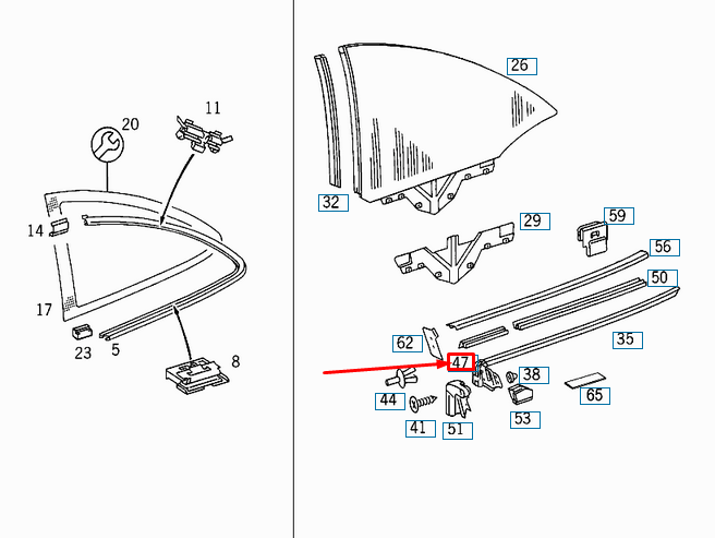 NEW MERCEDES-BENZ CLK C208 REAR SIDE WINDOW SEALING RAIL A2086730326 ORIGINAL