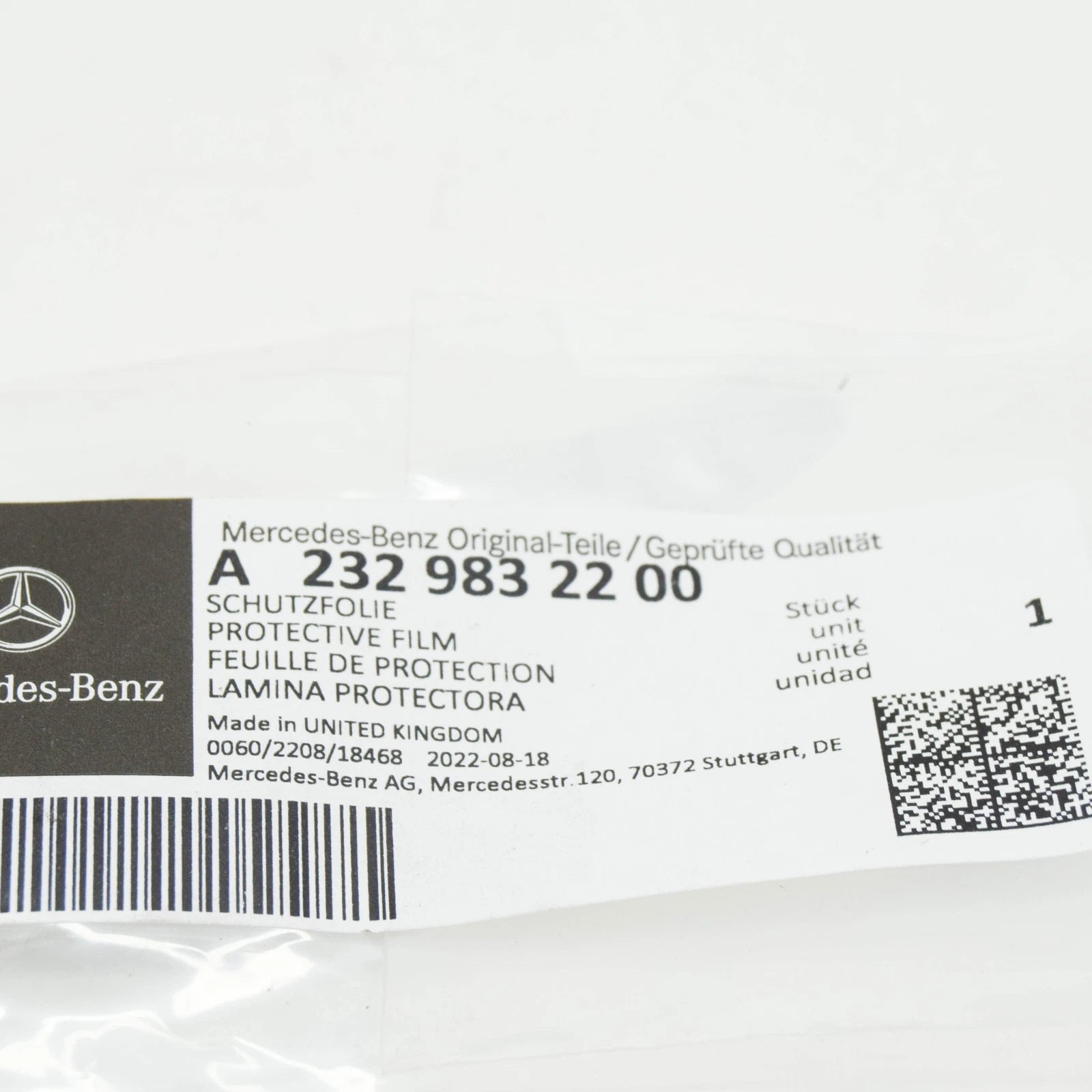 NEW MERCEDES-BENZ SL R232 FRONT FENDER RIGHT PROTECTIVE FILM A2329832200