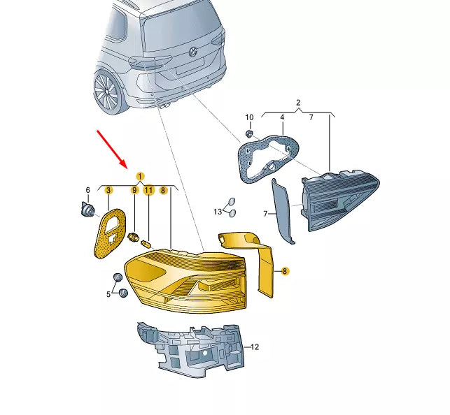 NEW VW TOURAN 5T REAR LEFT OUTER LED TAILLIGHT 5TA945207A ORIGINAL