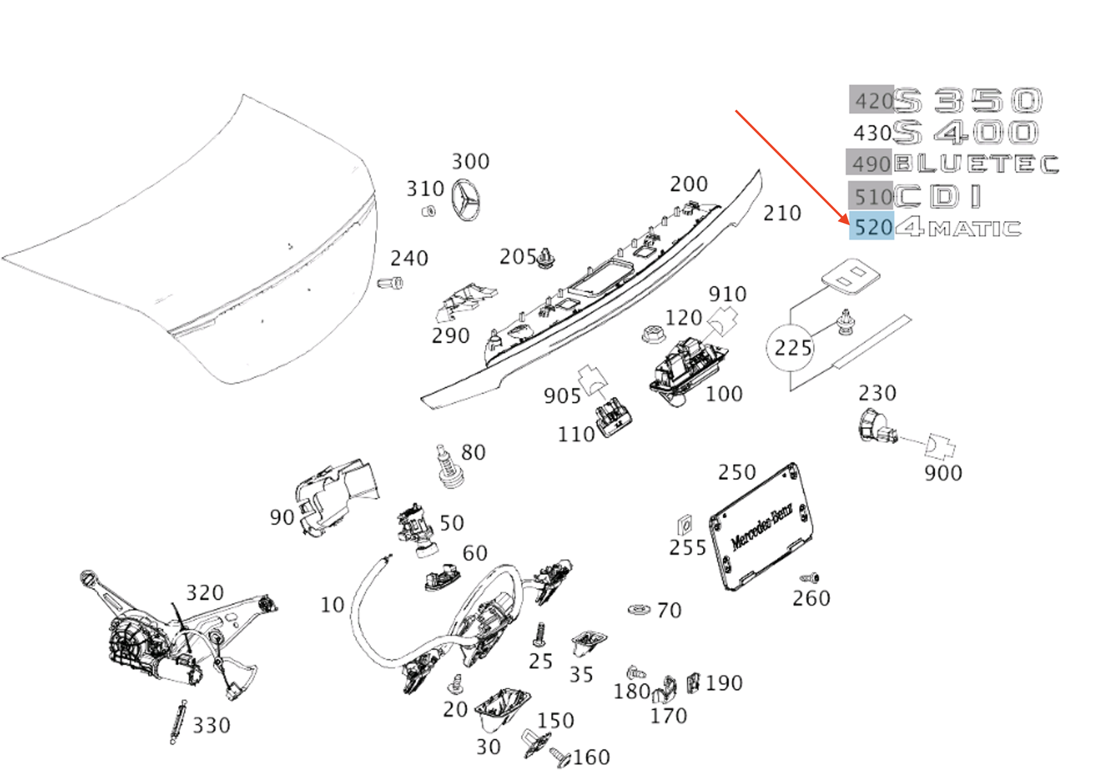 new mercedes-benz s w222 rear trunk lid model plate 4-matic a2178171600 original